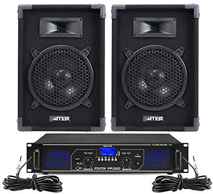 MAX 8 Passive DJ Speakers Pair with Fenton FPL500 Amplifier Bluetooth PA System, 500W Home Audio Setup, MP3 Music Player & Speaker Cables for Karaoke Party DJ Disco Events