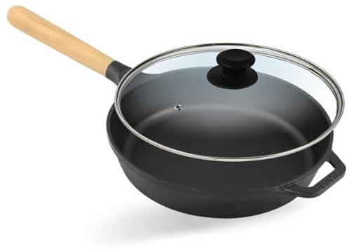 4BIG.fun Gusseisen Pfanne Ø 28 cm mit Glasdeckel BRIZOLL Schmorpfanne Bratpfanne mit Griff abschraubbar Höhe 6 cm Gußeisenpfanne alle Herdarten Pfanne aus Gusseisen Induktion