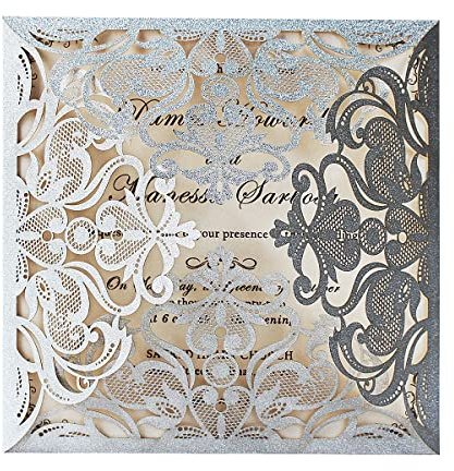 Hosmsua 20x Tarjetas de Invitación de Boda de Plata Brillante con Sobres, Corte Láser Hueco de Encaje Rosa Invitaciones de Boda para Invitación de Aniversario