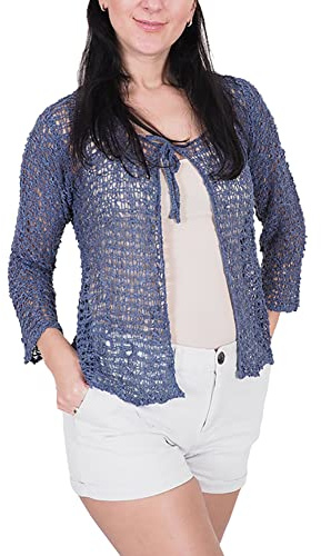 Damer popcornstil virkad vanlig stretch fisknät i midja Bolero kort kort kort kofta, Denim cardigan, en storlek