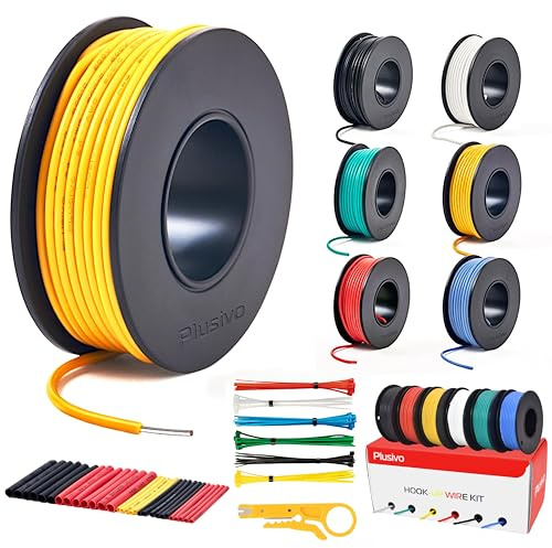Plusivo 20 Filo di collegamento a nucleo solido calibro - 20 PVC pre-stagnato AWG (OD: 1,7 mm) Filo di rame rivestito di 6 colori (Nero, Rosso, Giallo, verde, blu, bianco) 7 m ciascuno, Allacciare Kit