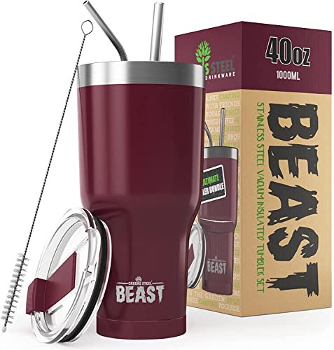 Greens Steel Beast Tumbler – 1050 ml (40 oz), Cranberry | Wiederverwendbarer Edelstahl, vakuumisolierter Becher | mit 2 Strohhalmen & Reinigungsbürste | Doppelwandiger Reise-Thermobecher