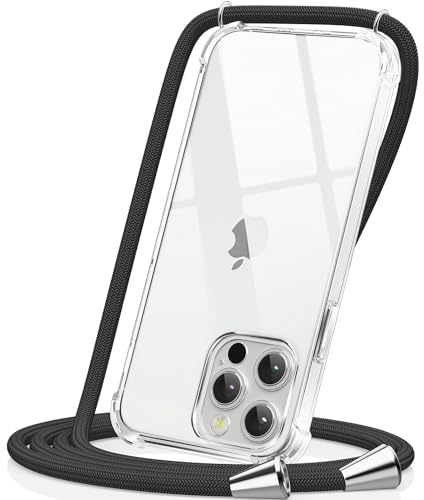 CAROKI Crossbody Case for iPhone 13 Pro, Clear Soft TPU Cover with Adjustable Black Lanyard Strap, Hands-Free Protective Phone Holder with Neck Cord