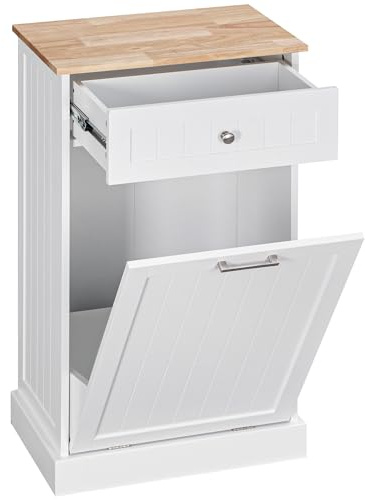 HOMCOM 10 Gallon Tilt Out Trash Cabinet, Wooden Hidden Trash Can with Storage Drawer for Kitchen, Laundry Hamper Cabinet for Bathroom, White