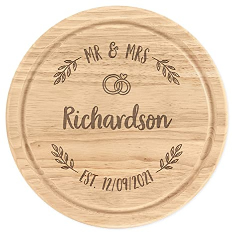 Personalised Wooden Chopping Cheese Board Round 25cm Custom Name Mr & Mrs Wreath Wedding