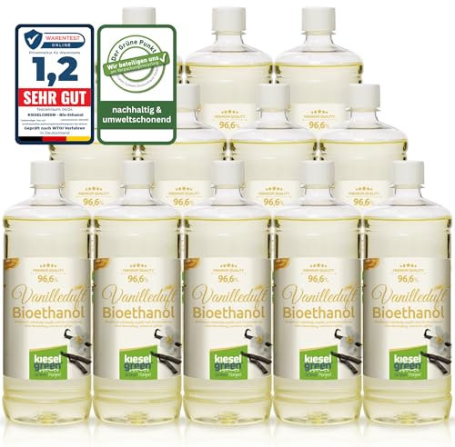 KieselGreen Bioethanol 12 x 1 Liter mit Duft für Ethanol-Kamin, viele Sorten - Bio Ethanol als Raumduft in vielen Duftnoten - Parfüm für Bio Ethanol Kamin Indoor oder Bioethanol Tischfeuer (V)