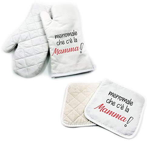 Set da Cucina Guanto da Forno e Presina Festa della Mamma Personalizzato Idea Regalo Speciale Compleanno Natale per la Mamma Cucina Amore Famiglia Menomale che c'è la mamma Cuore