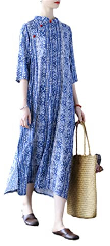 Vintage Chinese Style Dress Women Summer Stand Collar Loose Half Sleeve Dress A-Line Print Casual Cheongsam L