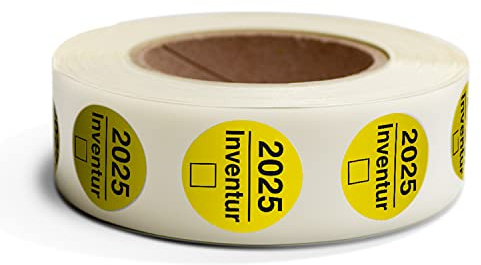 Betriebsausstattung24 Inventuretiketten zum Abhaken - 500 Stück auf Rolle - Jahreszahl: 2025 - Farbe: Gelb - Durchmesser: 3,0 cm Ø - Material: Haftpapier - Inventuraufkleber - Organisationsetiketten