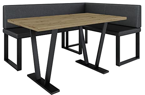 Eckbank Akiko Metal mit Tisch - Eckbankgruppe für Ihrem Esszimmer, Küche modern, Sitzecke, Essecke. Perfekt für Küche, Büro und Rezeption. Solide und Starke Verarbeitung. (Soft 11, 196x142 rechts)