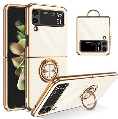 YINLAI für Samsung Galaxy Z Flip 3 5G Hülle Handyhülle Samsung Z Flip 3 Mit 360 Gold Magnet Ring Ständer Halter Weiche Glitzer Silikon TPU Slim Cover Case Hülle für Samsung Galaxy Z Flip 3,Weiß Crème