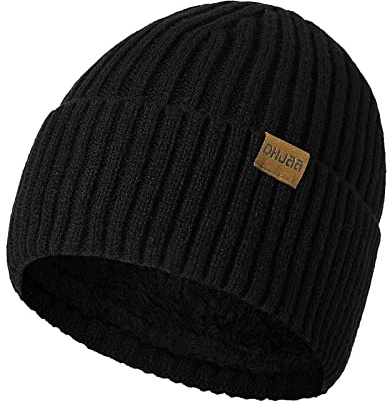 Grantop Classic Beanie Hat, Ladies Warm Slouch Knit Double Layer Winter Hat, Black Unisex Thermal Insulating Striped Pompom Beanie Hat for Men Women Kid