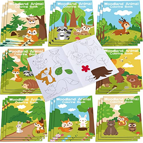 Faccito 24 Stück Bauernhof Tiere Malbücher für Kinder Mini DIY Kunst Ausmalbuch Set Kuh Schaf Meerjungfrau Bauernhaus Wald Tier Thema Scheunenhof Geschenktüte Füller Klassenzimmer (Waldtier) | Partygeschenke für Geburtstagstüten, Aktivitätsbücher mit Bauernhof-Designs