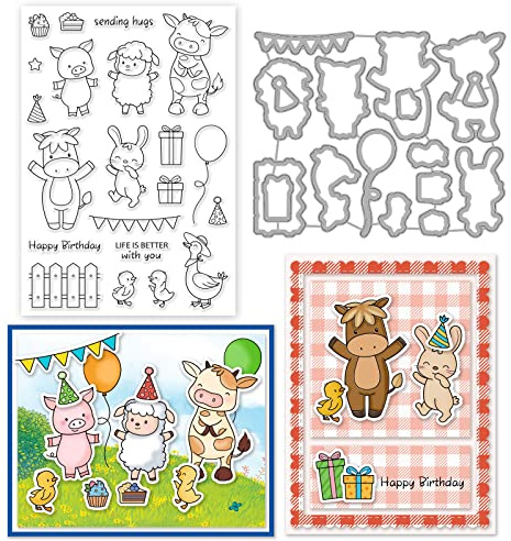 INFUNLY Farm Animal Klare Stempel Und Stanzformen Set Cattle Rabbit Transparente Silic Stamps Tierform Happy Birthday Stanzform Für Die Kartenherstellung DIY Craft Scrapbooking Grußkarten-Dekoration