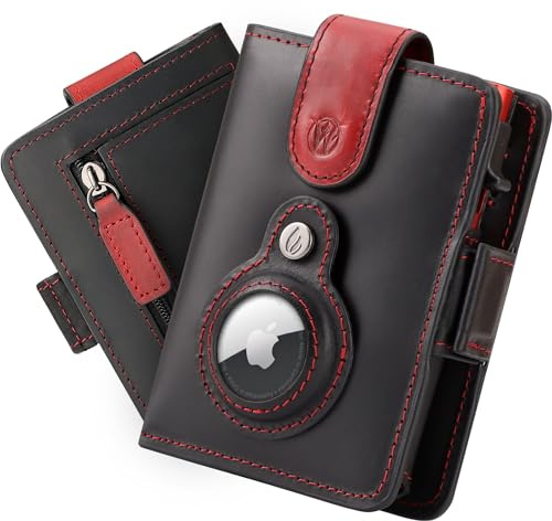 Will Fire® Smart Wallet Herren mit Airtag-Fach & Photokapsel | Inkl. Anhänger | Echtleder Airtag (1. & 2. Gen) Wallet mit Münzfach & Scheinfach | Bis zu 12 Karten | [Schwarz-Rot, Glattleder]