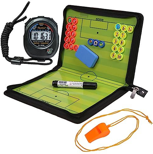 Taktiktafel Fußball, Coaches Taktikboard Fussball, Tragbar Trainer Taktikmappe, Klappbar Trainermappe mit Magnetische Große Schachfiguren, Stoppuhr Timer, Schiedsrichter Pfeifen, Schwamm, Marker