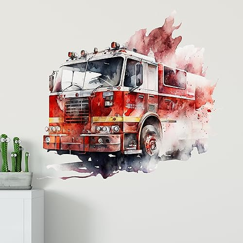 GRAZDesign Wandtattoo Feuerwehr Kinderzimmer Junge, Wand Aufkleber Tattoo Kinder Auto, Feuerwehrauto Wandaufkleber für Jungenzimmer & Teenager 43x40cm