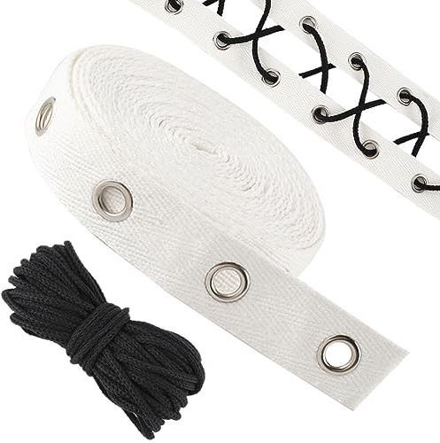 GORGECRAFT Cinta con Ojales de Algodón Blanco de 19mm de Ancho, 4 Yardas, Incluye 10m de Hilo de Algodón Negro para Manualidades