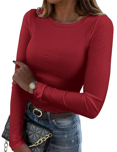 Zeagoo Camisetas de Manga Larga para Mujer Slim Fit Elástico Jersey T Shirt de Punto Acanalado Camisas Elegantes con Cuello Redondo Casual Sólido Tops Vino Tinto S