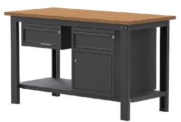 SOGI X3N_107L Banco Lavoro 1.5 m - Piano in Legno Multistrato di Faggio - 1 Cassetto + Armadio con Anta e Cassetto - Struttura in Acciaio Verniciato Grigio Antracite RAL 7016