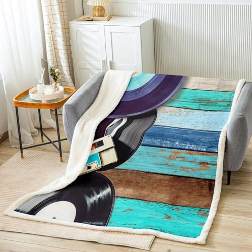 Homewish Vintage Musical Fleece Blanket,Audio Cassette Music Art Style Throw Blanket for Adult Man,80s Rustic Tape Record Print Lightweight Polyester Sherpa Blanket for Sofa, Queen (90 x 90 Inch)