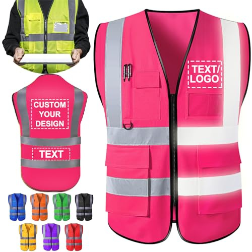 ShAxzHen Sicherheitsweste für Herren und Damen, mit Logotaschen, personalisierbar, hohe Sichtbarkeit, schützende Arbeitskleidung mit reflektierenden Streifen, rose, XXL