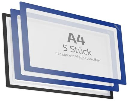 spLEAN 5 Stück Dokumentenhalter magnetisch DIN A4, Fenster, dunkelblau, Aushang aus stabiler Vinyl-Hartfolie Stärke 0,70 mm, mit Magnetrahmen, Made in Germany