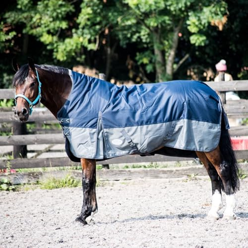 Equitack 600D Regendecke Pferd, 155cm | Highneck Pferdedecke mit Fleece Lining | wasserdichte Outdoordecke Pferd | Navy/Grau