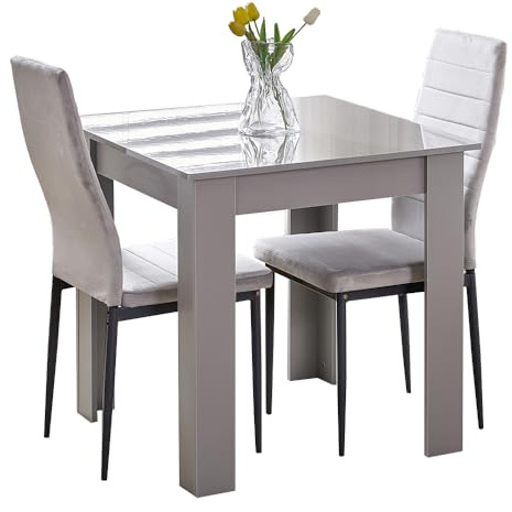 Rainbow Tree Modern 3 Piece Dining Room Table and Chairs Set, Wooden Square Table with 2 Chairs for Small Space Apartment Space Saving (Grey Table+2 Grey Velvet Chair)