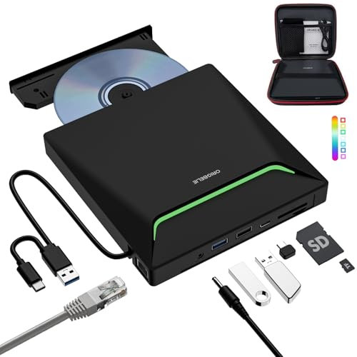 Nuovo Masterizzatore DVD Esterno, USB 3.0 Lettore DVD Esterno con Adattatore Ethernet, 3 Porte USB e 2 Porte TF/SD Card, Lettore CD Esterno per PC Portatile MacBook Windows Linux Mac OS con Custodia