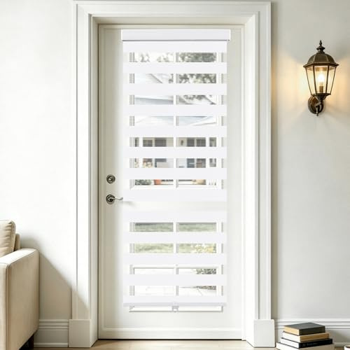 SEEYE Cordless Zebra Blinds for Window & French Door, Free-Stop Roller Window Shades with Valance, 33 W x 90 H, Light Filtering Sheer Blinds & Shades, Easy to Install, White