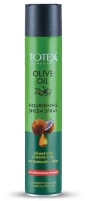 Totex Sheen Spray Olive Oil | Infusé à l'Huile de Noix de Coco Pour un Éclat Réparateur | Nourrit, Adoucit, Anti-Frisottis, Hydrate | Léger, Apaise le Cuir Chevelu et Hydrate les Cheveux Secs