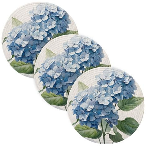 Untersetzer, hitzebeständig, blaue Hortensien, Blumen, rund, gewebt, 38,1 cm, für Esstische, Urlaub, Party, Dekoration, 38,1 cm