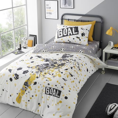 Bedding Bedlam – Goldgelbes Fußball-Bettwäsche-Set – Einzelbett (200 x 140 cm) – wendbar (2 Designs) – Fußball-Motiv – 1 x Bettbezug, 1 x Kissenbezug