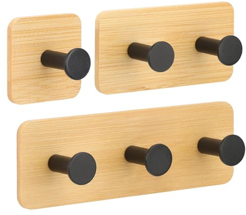 Segus Klebehaken Bambus, 3 Stück Klebehaken Extra Stark, Bambus Haken Selbstklebend, Handtuchhalter Ohne Bohren Schwarz, für Schlafzimmer Wohnzimmer Flure, Colgar Llaves