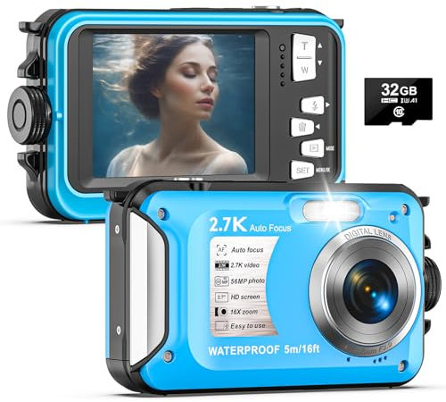 Yixinxin Unterwasserkamera 2.7K Digitalkamera wasserdichte 56MP Autofokus wasserdichte Kamera Fotokamera mit 32GB Karte