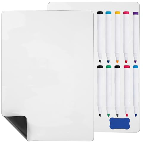 Kioneer 2 Pack A4 Magnetic Whiteboard for Fridge,Includes 10 Pens, 1 Eraser | Magnetic Backing, Dry Erase Surface, For Refrigerator, Grocery List, Meal Planner