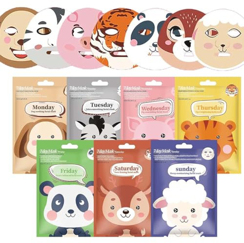 JAWUZ 7 Pezzi Set Maschere Viso,Maschera Viso Tessuto,Maschera Viso Idratante,Maschere Per Il Viso Viene Fornito Con Graziose Stampe Di Animali,Adatto a Tutti i Tipi Di Pelle