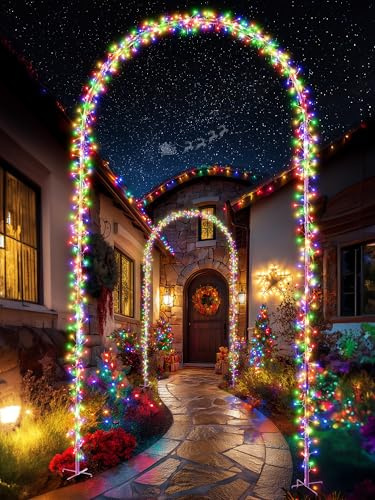 Joomer Outdoor Christmas Lights Mains Powered 4ft x 7.5ft LED Garden Arch Light, Metal Wedding Archway Timer 8 Modes Xmas Lights for Outside Porch Patio Pathway Yard Party Decoration(Multicolor)
