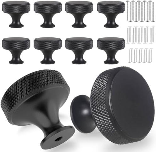 WYIPOLZI 30mm Black Drawer Knobs Round Knurled Cabinet Knobs, Metal Door Knobs with Screws, Modern Hardware Cupboard Drawer Knob for Wardrobes Furniture Cupboard, 10 Pack