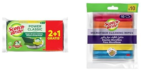 Scotch-Brite Spugne Cucina Antibatterica 3 Pezzi - Spugna Piatti Power Classic + Scotch-Brite Salviette in microfibra – 10 pezzi (31 cm x 29 cm) – per cucina, bagno e casa