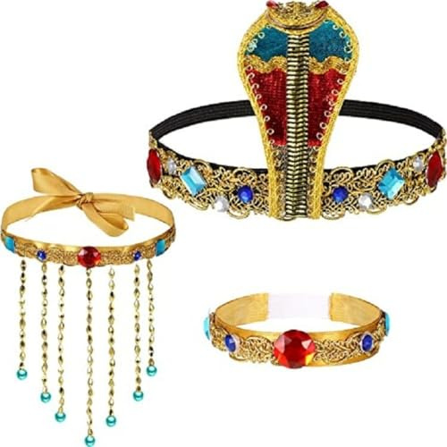 Ägyptisches Kostüm-Zubehör-Set, Halloween, ägyptische Kopfbedeckung, Zubehör, ägyptische Kobra, Karneval Kopfschmuck, Schlange, Medusa-Kopfschmuck für Halloween-Kostüme, Vintage-Party, 3-teilig