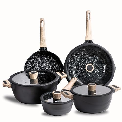 GOLDMANN Lot de 9 casseroles de qualité supérieure - En fonte d'aluminium avec revêtement antiadhésif en céramique - Compatible avec l'induction, tous types de plaques de cuisson, avec couvercle en