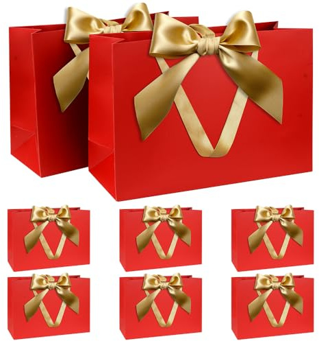 Presentpåsar set, röd presentpåse med rosett presentpåse med handtag 8 stycken 30 x 20 x 10 cm presentpåsar för jul födelsedag bröllop