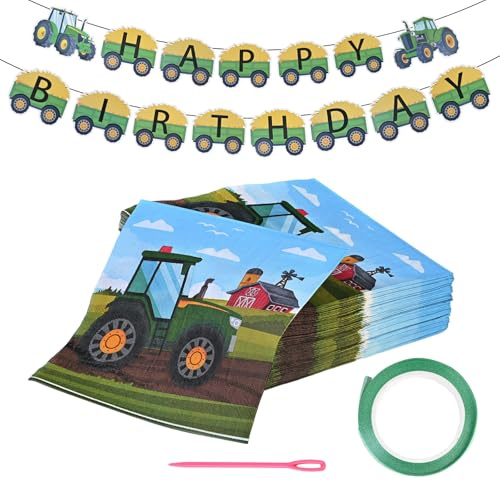 Tractor Party Decorations Set - Paper Napkins Patterned 80 Count (17x17cm), Farm Banner 15 Pieces (16x14cm) with Ribbon & Needle for Kids Birthday, Baby Shower