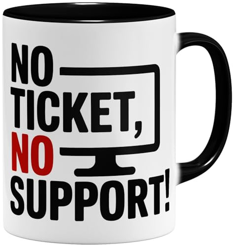 OM3 IT - Tazza da caffè con scritta No Ticket No Support - Informatiker Administrator - Tazza in ceramica - 325 ml - stampa su entrambi i lati - nero