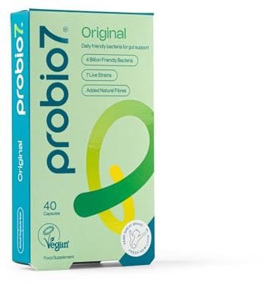 Probio7 Original | 4 Billion CFU, 7 Live Bacterial Strains | 40 Capsules | 2 Types of Natural Fibre | Vegan Approved Digestive Health Supplements, Probiotics for Gut Health