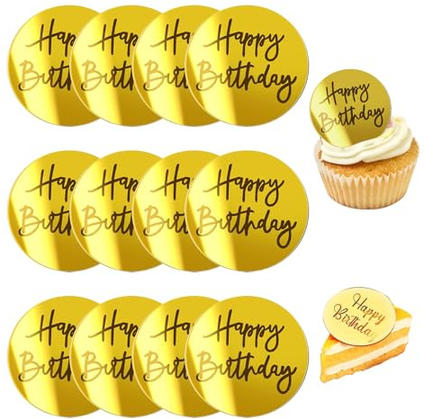 12 Pcs Acrylic Cake Toppers, 2 Inches Personalised Cupcake Toppers, Gold Round Happy Birthday Cake Charm, Mini Mirror Happy Birthday Cupcake Disc Toppers for Birth-day Party Decor