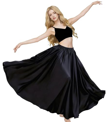 MUNAFIE Jupe longue en satin pour femme - Jupe de danse du ventre - Costume de danse du ventre pour la performance - Carnaval, Noir, taille unique