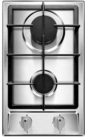 Gas Hob 2 Burners Built-in 30cm, Stainless Steel Cooktop 4750W, 220-240v | NG/LPG Convertible, Silver Metallic Finish with Thermocouple Protection, Sturdy Pot Stand-Dishwasher Safe, with 13AMP Plug